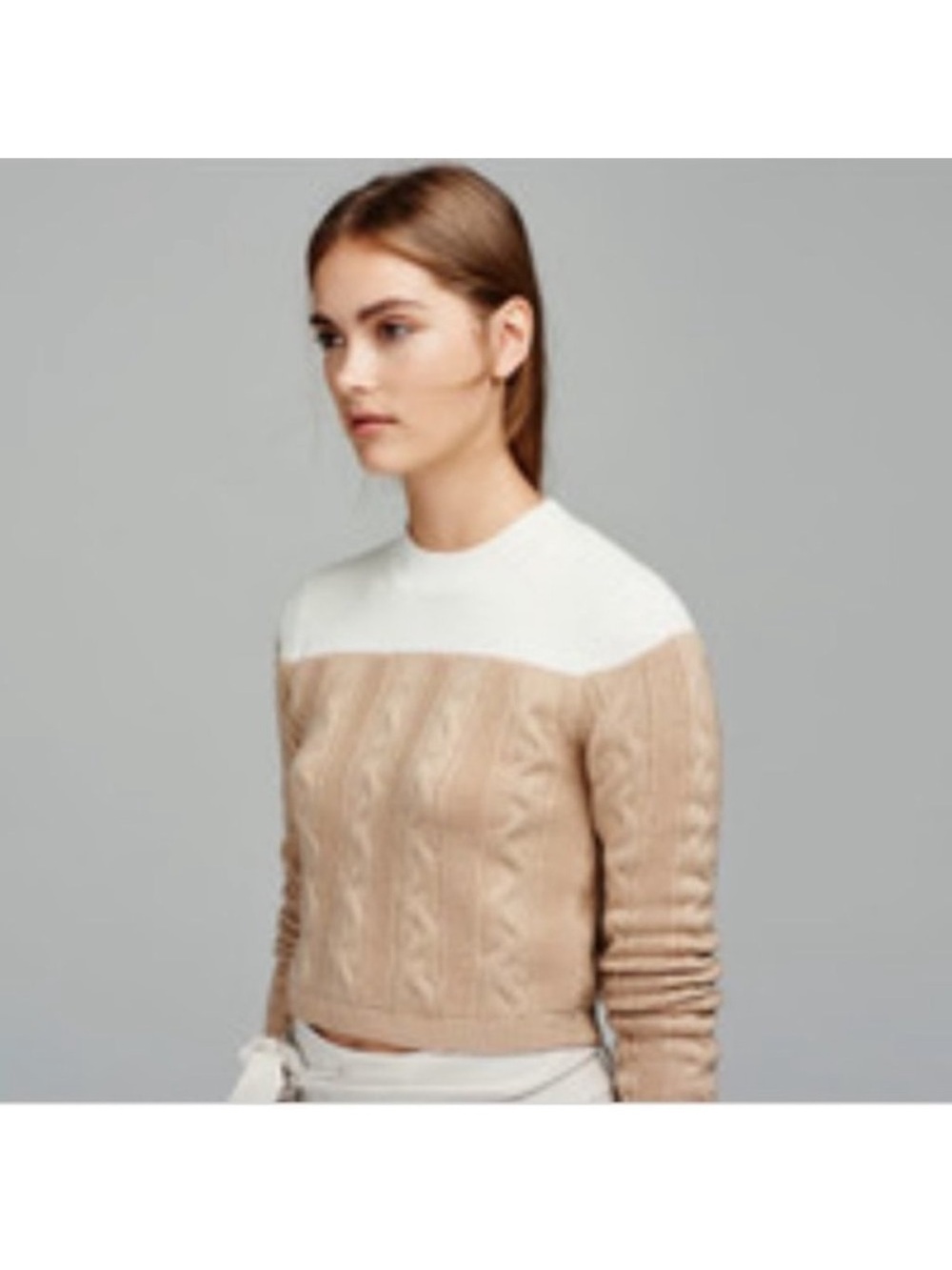 Club Monaco Two-Tone Cable Crew Sweater in Cream and Beige